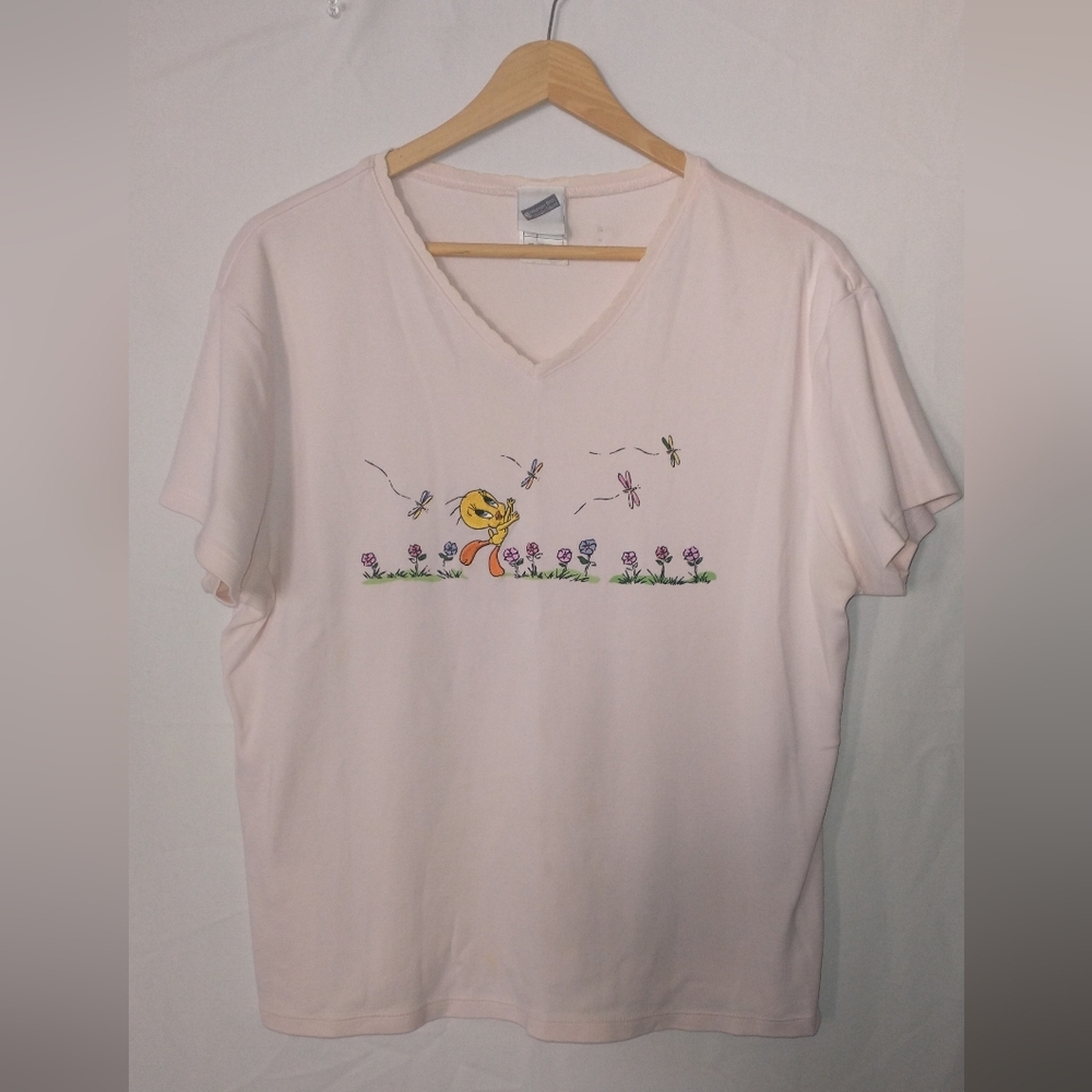 Vintage Warner Bros. Embroidery Tweety Bird Pink T Shirt Blouse Large